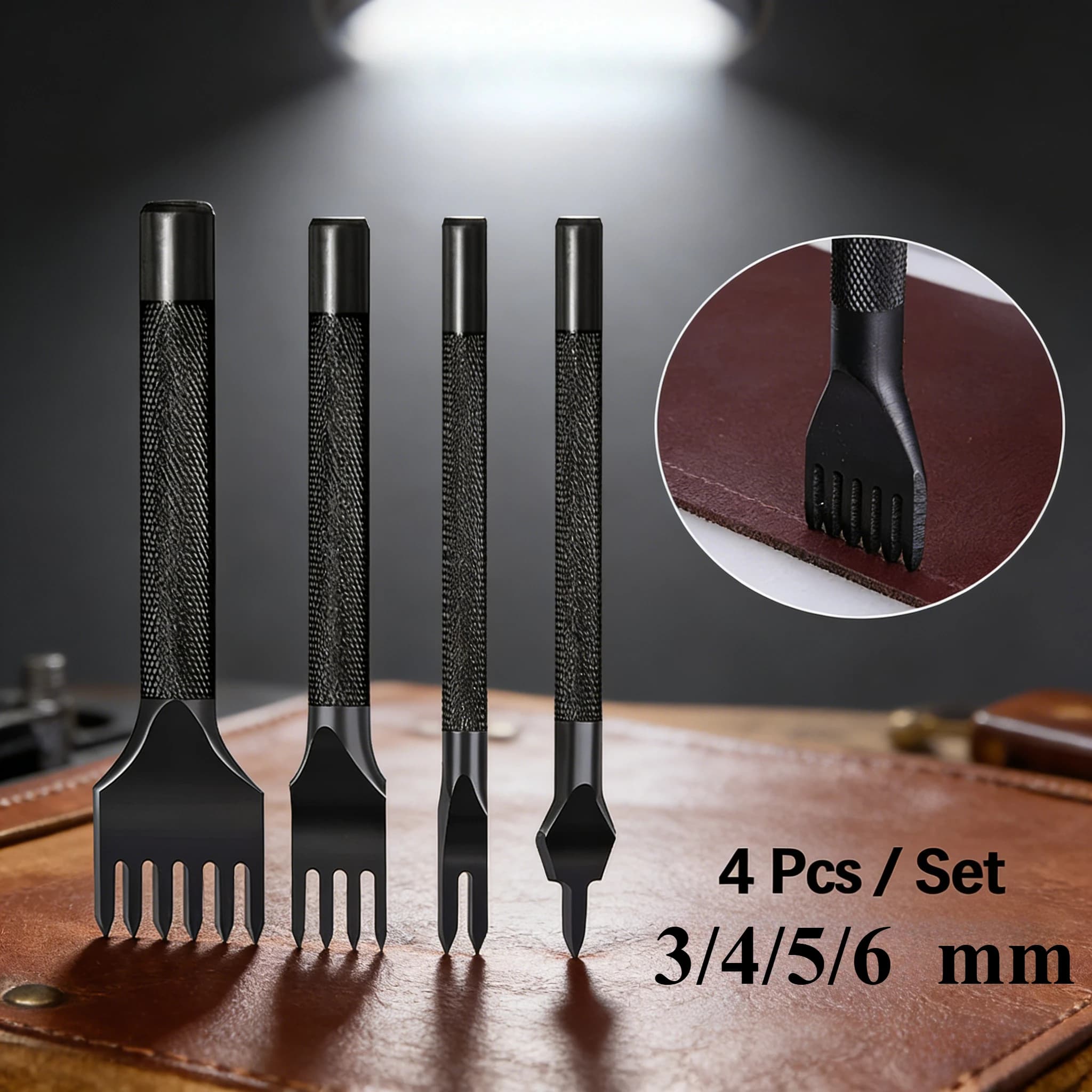 Set di 4 punzoni in pelle per cucito, scalpelli a 1, 2, 4, 6 punte, strumento per forare, kit fai da te per lavorazione del cuoio