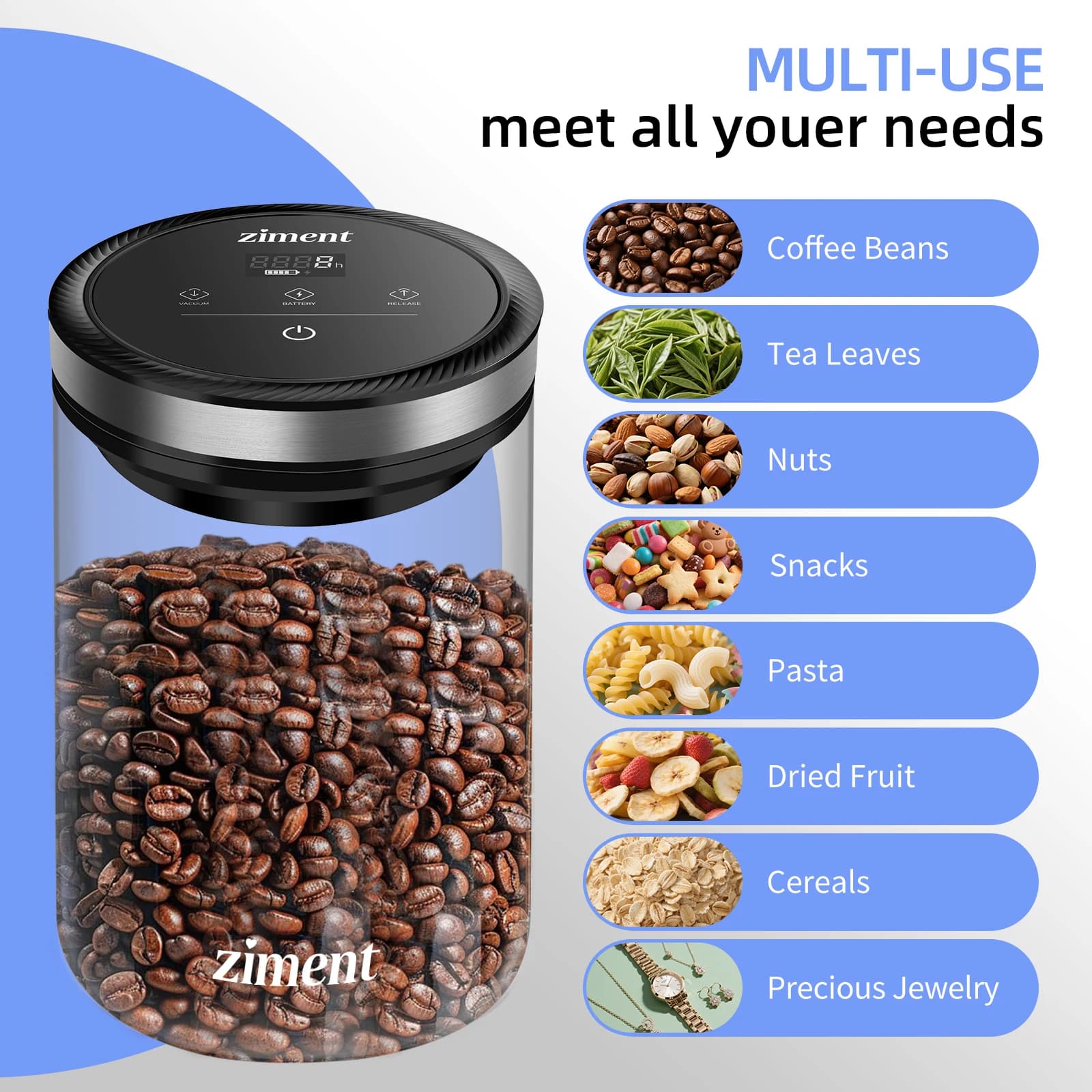 Vacuum Sealed Jar Coffee Bean Storage Bottle 1.6L/1.1lbs Kitchen Food Food Grano Tea Glass Jar Fresh Storage Jar Kitchen Accessories