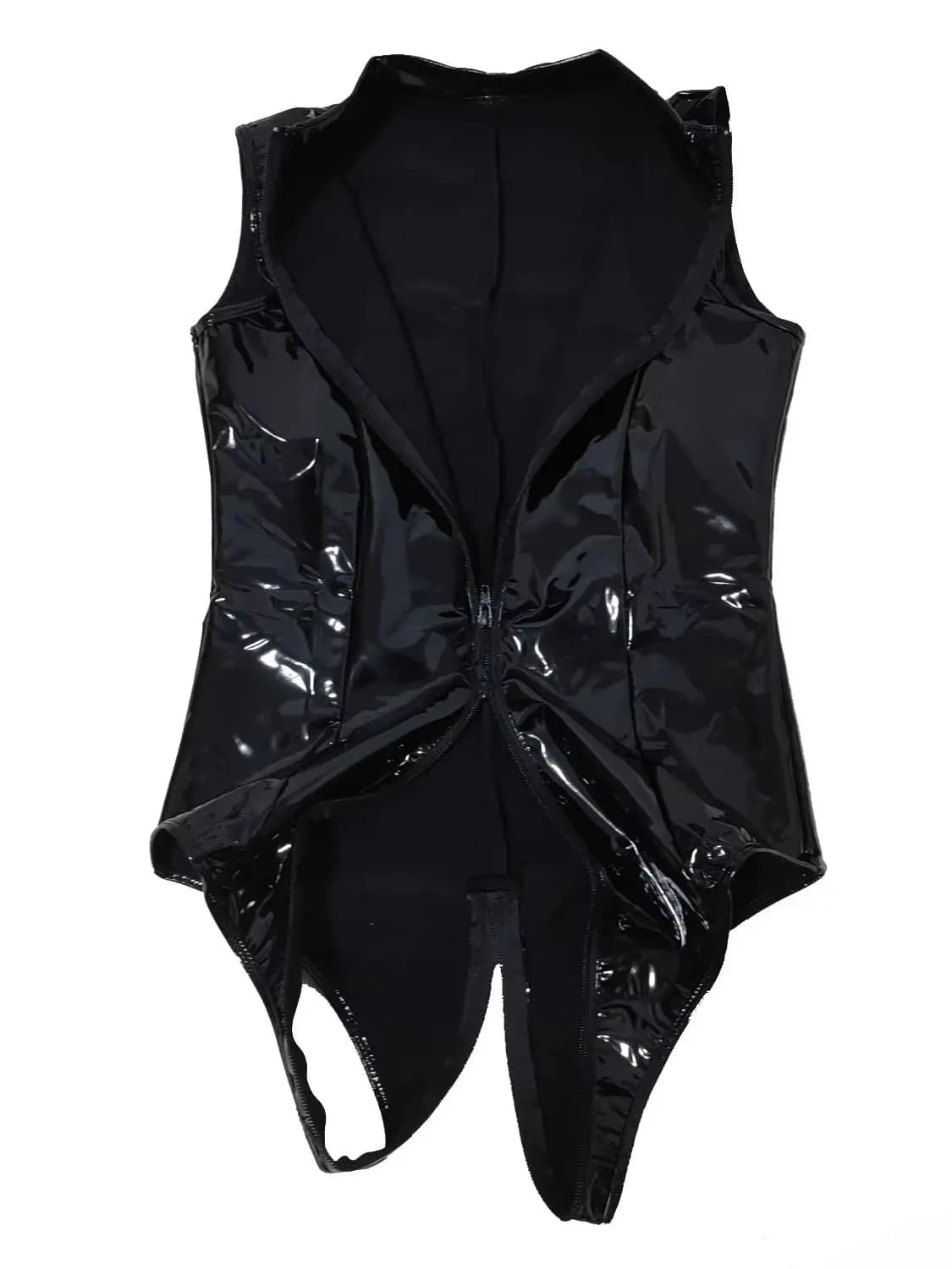 S-4XL Body intero senza maniche in PVC effetto bagnato e pelle PU lucida, con due cerniere all'inguine, aderente e sexy, tipo teddy o leotard.
