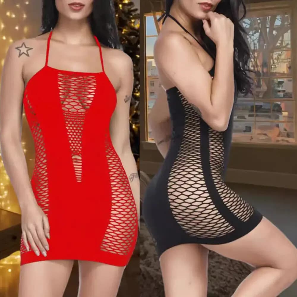 Lingerie da donna Sexy Chemise a rete Completo Maglia Halter Giarrettiera Abito Calze Indumenti da notte Senza maniche Babydoll Mini abito Taglia unica