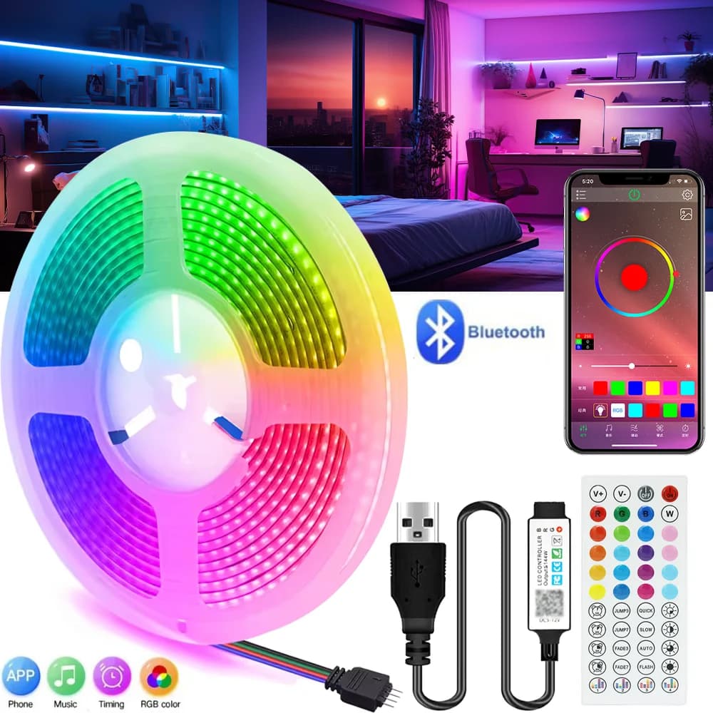 Strisce LED RGB Sincronizzate con la Musica, USB 5V, Telecomando a 44 Tasti, Nastro LED Flessibile per Decorazione di Stanze, Feste, TV, Scrivania, Camera da Letto