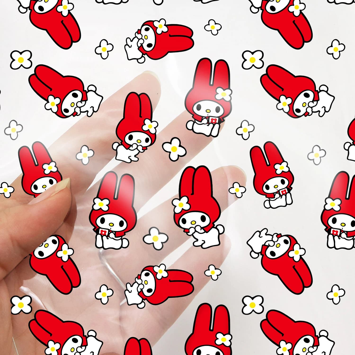 1 foglio in ecopelle trasparente impermeabile da 7,87x12,99 pollici | Disegni Sanrio stampati ai raggi UV - Kuromi Melody - Vinile PVC