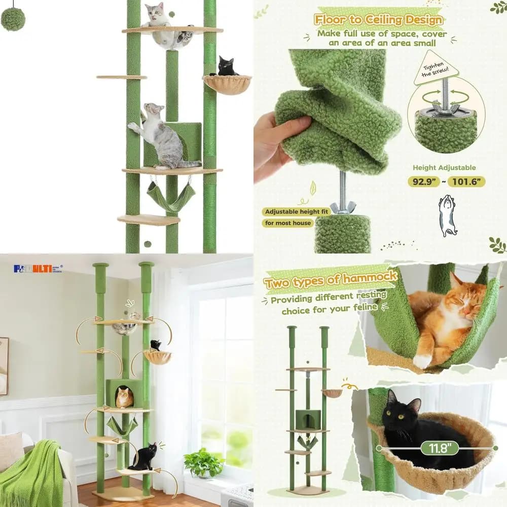 Tiragraffi per Gatti Regolabile in Altezza 92.9-101.6: Torre da Arrampicata per Interni con Tiragraffi, Cuccia, Posatoi, Amaca per Gatti - Verde