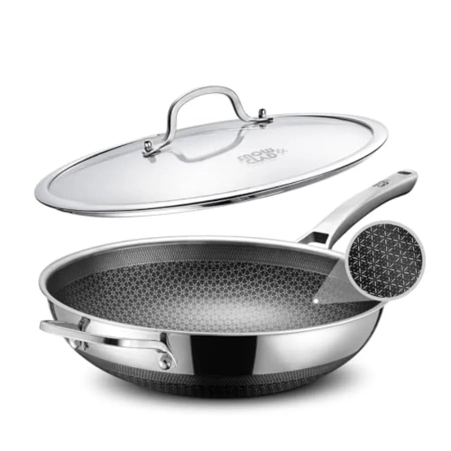 Wok, Wok Ibridi e Padelle per Stir-Fry Antiaderenti, Wok in Acciaio Inossidabile Non Tossico con Coperchio, Lavabile in Lavastoviglie, Adatto per Forno e Grill, PF