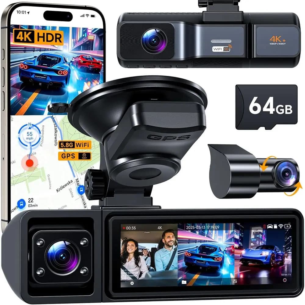 Dash Cam to 3 Channels with Front Vision, Rear & Interior, WiFi 5.8GHz, GPS Integrated, 64GB Card, IPS 3.2 Screen, 4K Resolution, IR