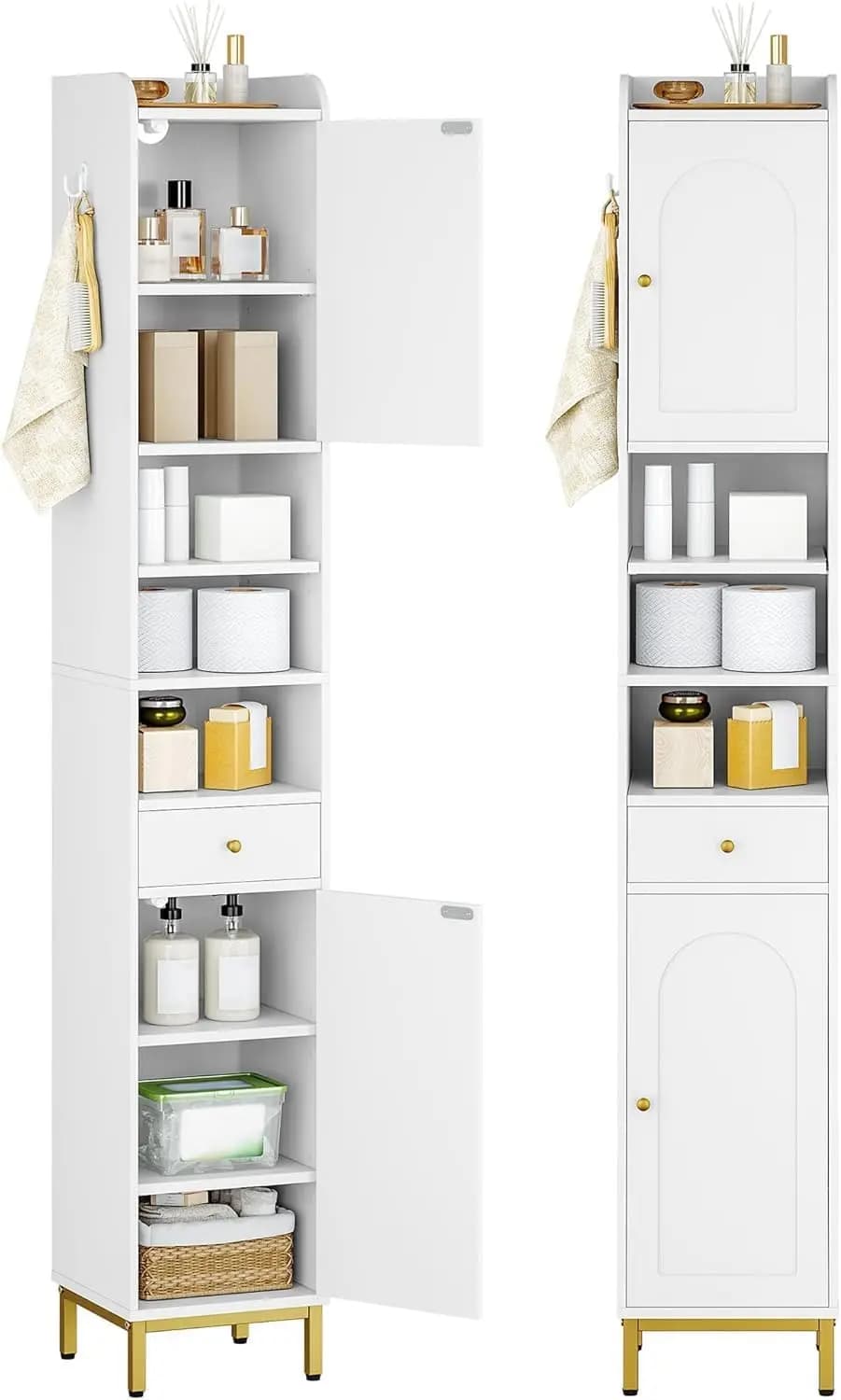 Bathroom Cabinet With Adjustable Shelves Doors Drawer Freestanding Tall Floor Storage Cabinet Narrow Toilet Paper Organizer Frame Wooden Utility Tower White