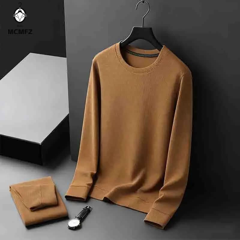 Men's long sleeve t-shirt with round neck waffle, soft and breathable, casual for spring and autumn