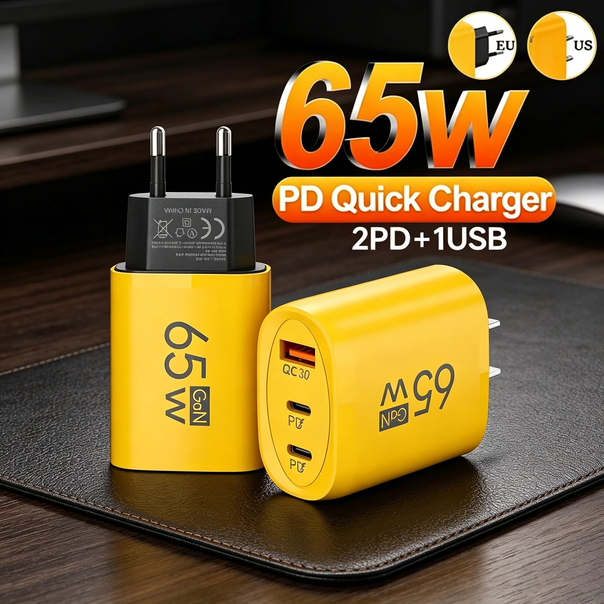 Caricatore USB GaN da 65W a 3 porte, PD Type C QC.3.0, ricarica rapida, adattatore da parete da viaggio per cellulare, per iPhone, Xiaomi, Samsung, Huawei