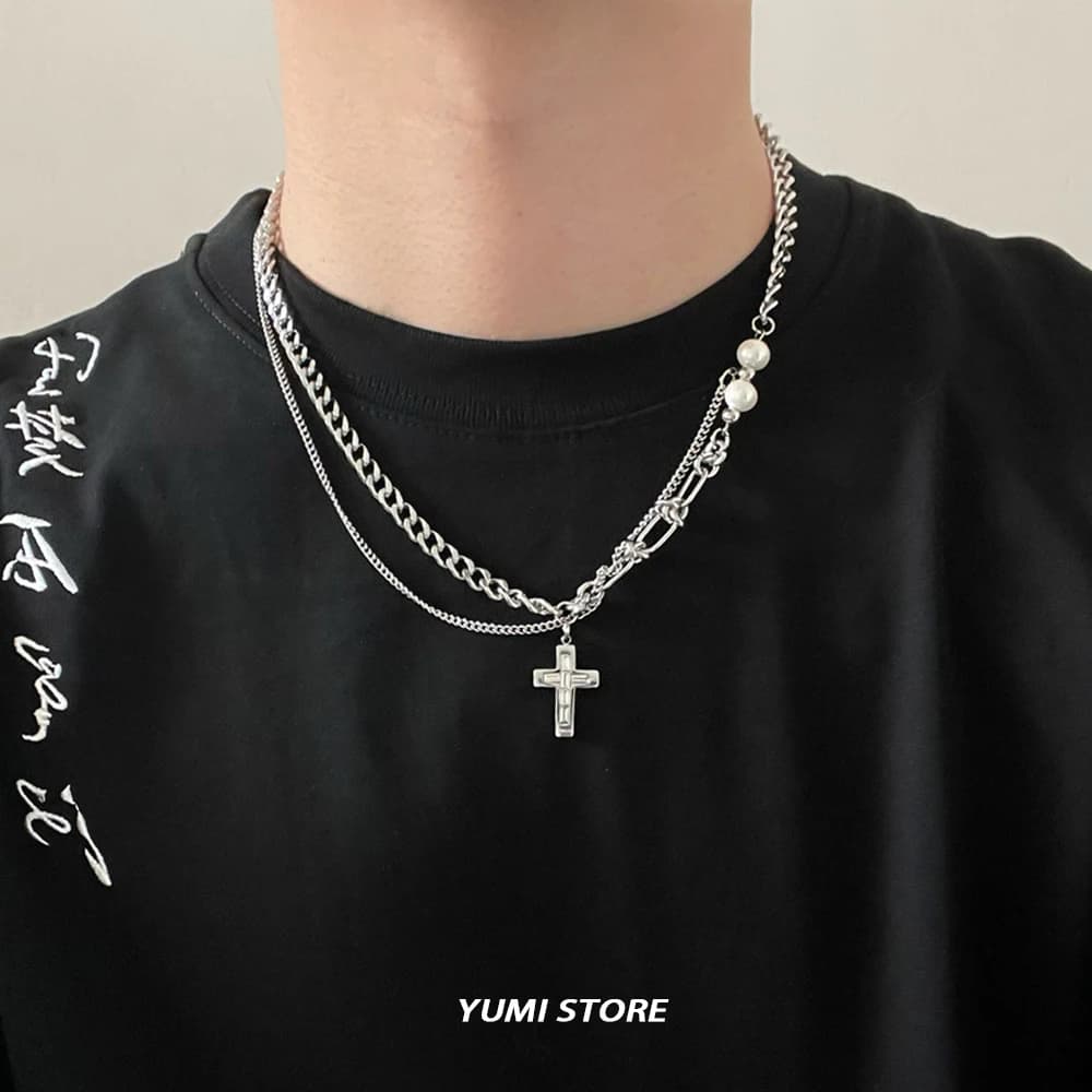Unisex Hip Hop Pearl Cross Necklace Titanium Steel Zircon Splicing Clavicle Chain Jewelry for Man Woman