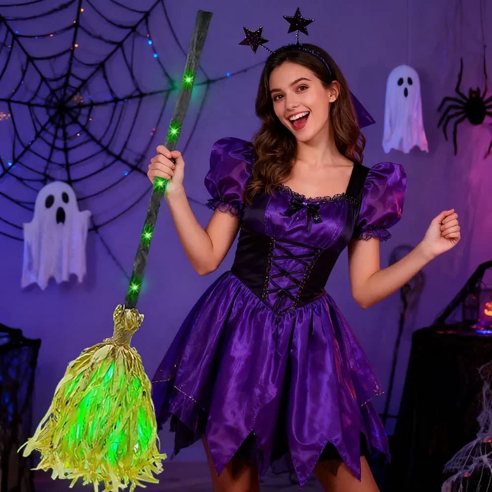 1/2/4PCS Animated Light Up Witch Broomstick Dancing with Eerie Sounds Halloween Magic Prop for Haunted House Party Room