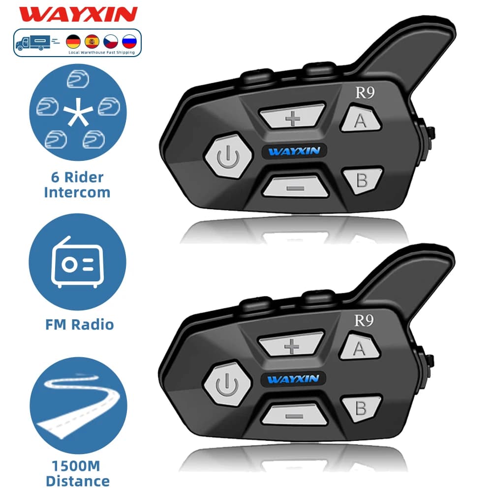 WAYXIN R9 Interfono per moto Cuffie per casco 6 ciclisti, interfono di comunicazione BT5.0, Intercomunicador Moto, radio FM impermeabile