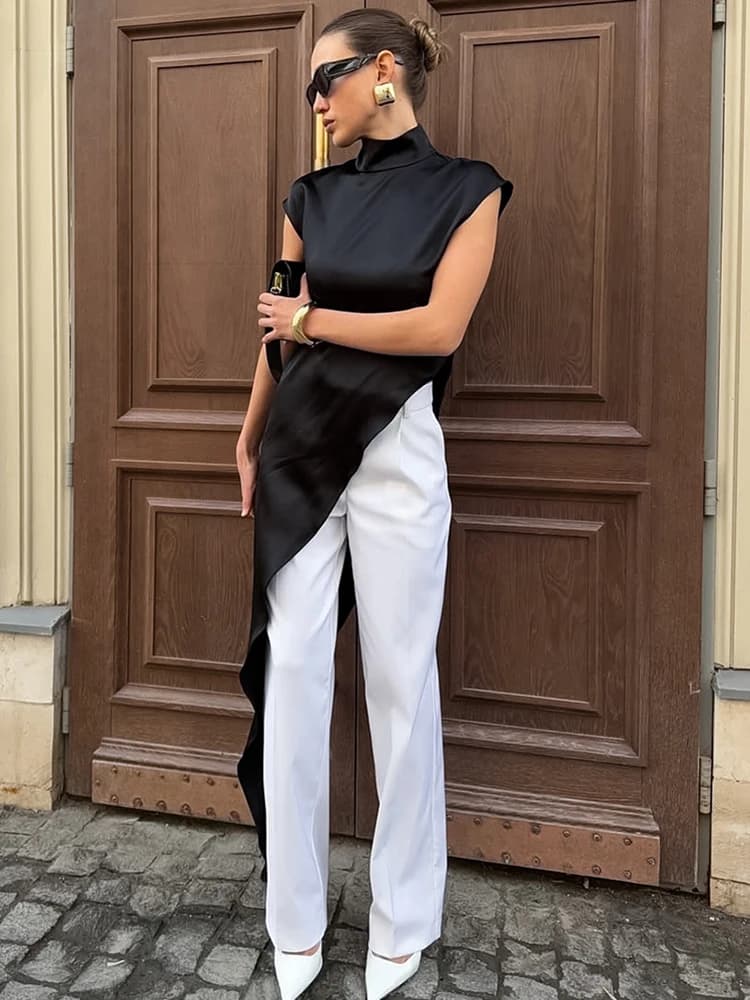 Abito Nero Asimmetrico Senza Maniche con Collo Alto, Design alla Moda, Vestito da Donna Casual in Fibra di Poliestere, Vita Alta, Linea A