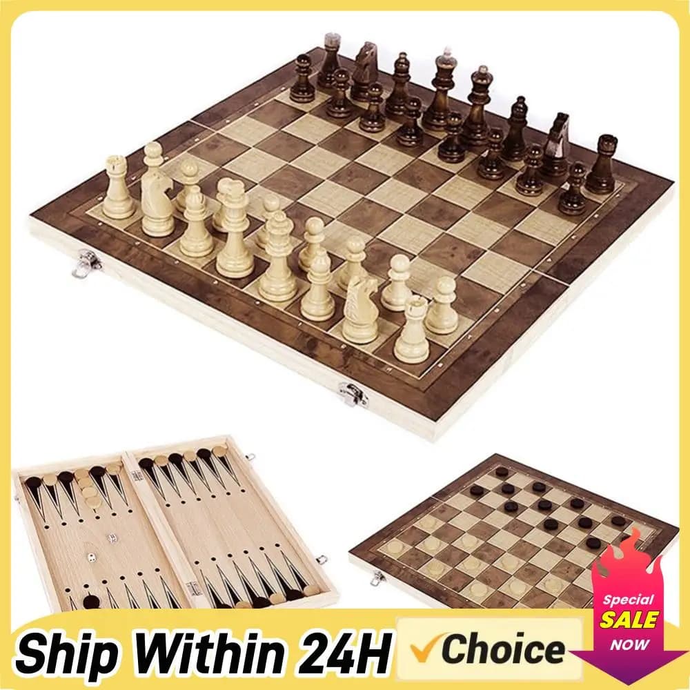 Set di Scacchi 3 in 1 con Scacchiera Pieghevole in Legno, Set di Scacchi e Dama da Viaggio