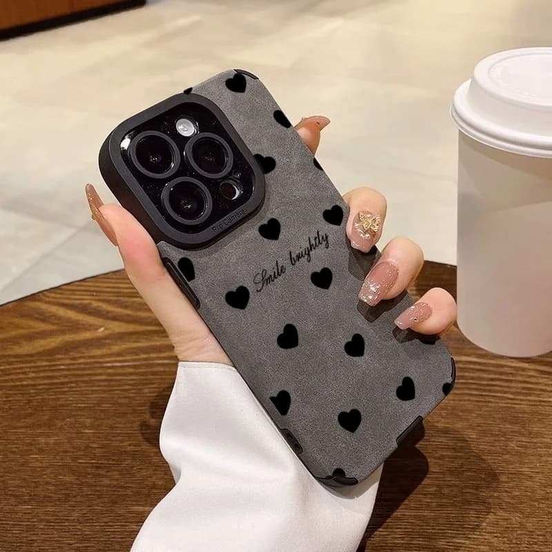 New Luxury Black Love Heart Soft Phone Case For iPhone 17 16 15 14 13 12 11 Pro Max 17 Air X XR XS Max Shockproof Leather Cover