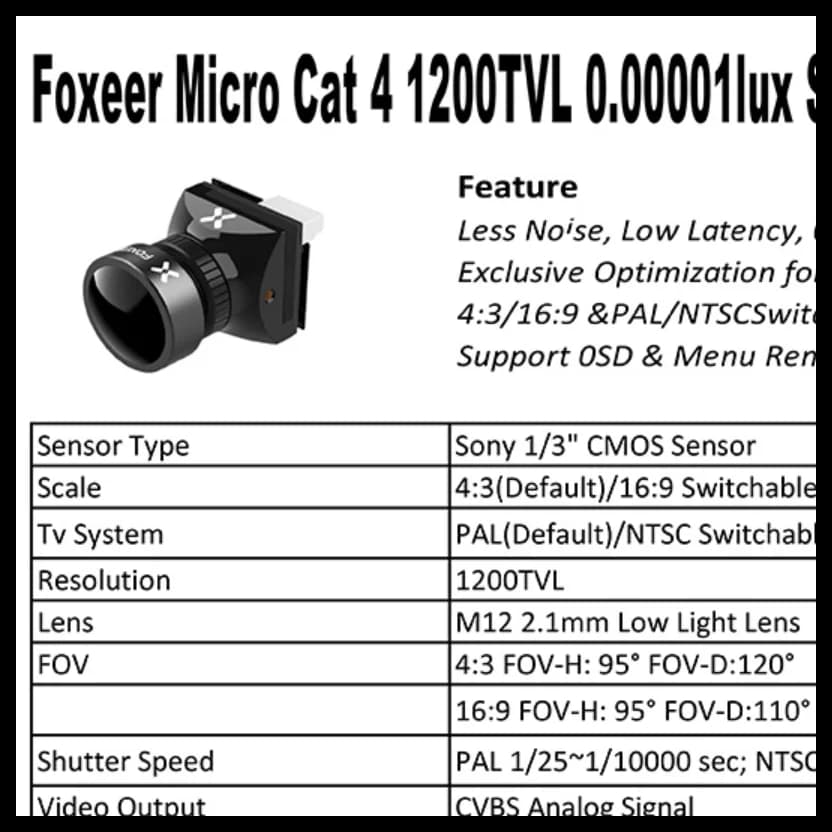 FOXEER CAT 4 FPV Fotocamera Micro/Mini Fotocamera 1/3 CMOS 4:3/16:9 con WDR 1200TVL RC FPV Drone