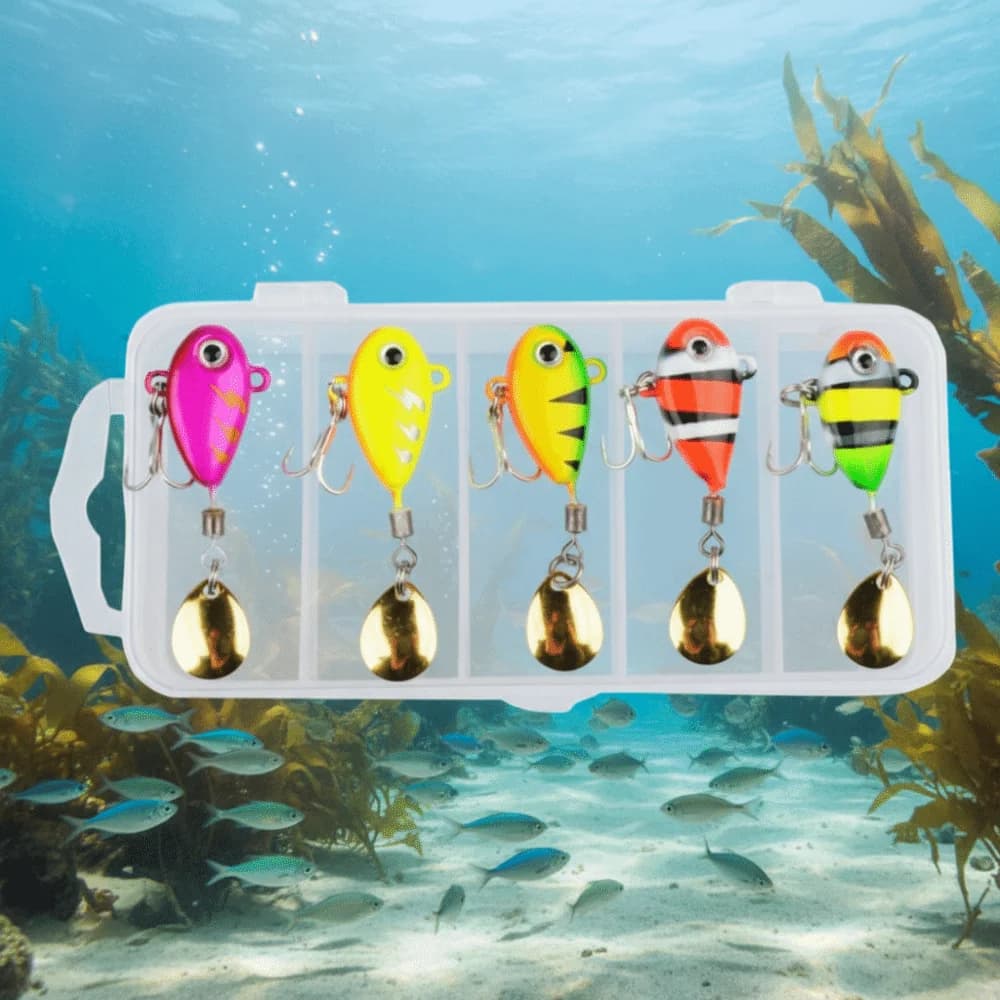 5pcs Spinning Sequin Artificial Fishing Bait Vibration Bait with Box Fishing Lures Kit Crank Hook Colorful Fishing Lures Hooks