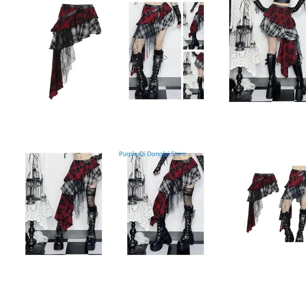 L21E Gothic Eyelets Belt Plaids Tiered Pleated A Line Asymmetric Mini Skirt for Women