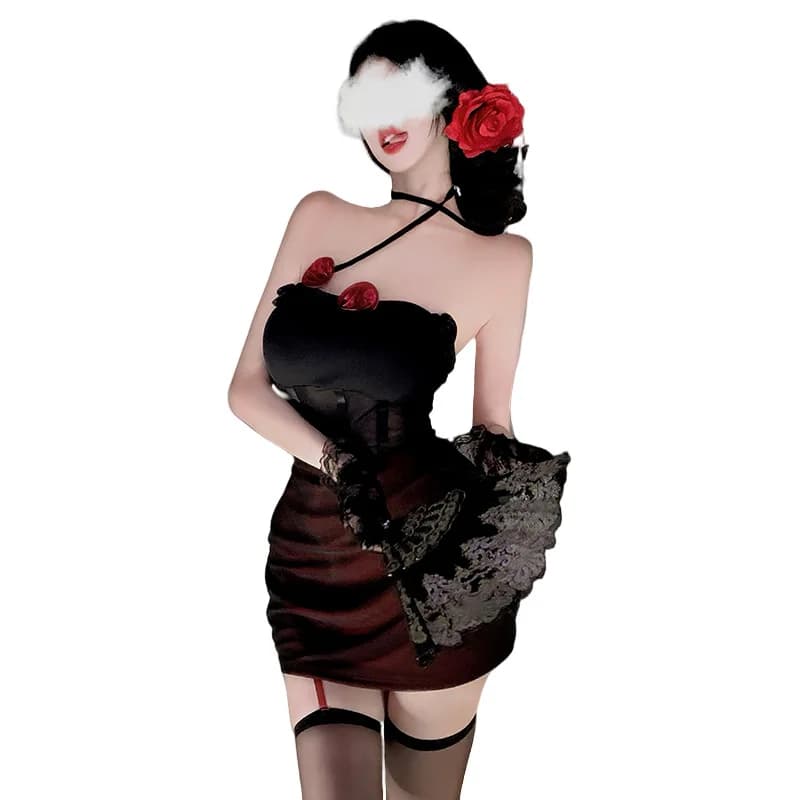 Dark Pure Desire Spice Girl Maglia trasparente Fiori tridimensionali Appesi al collo Biancheria intima sexy Abito sottile senza schienale sexy
