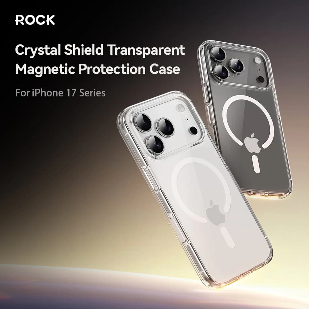 Custodia magnetica in cristallo ROCK per iPhone 17 Pro Max Custodia rigida posteriore antiurto trasparente trasparente anti-giallo per iPhone 17 Air