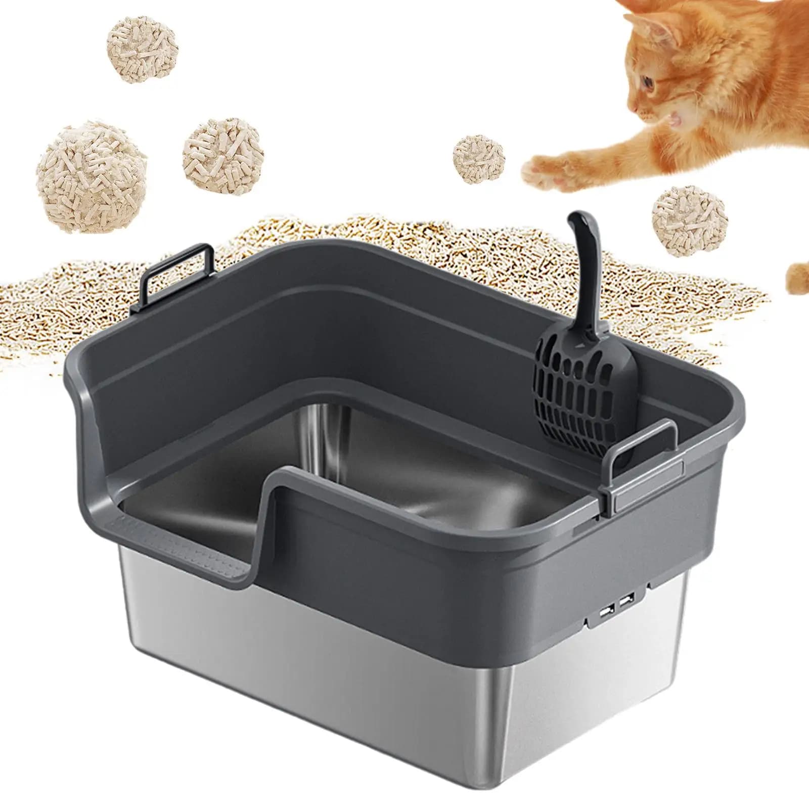 Lettiera per Gatti Grande in Acciaio Inossidabile per Gatti da Interno e Gattini, Robusta, con Parte Superiore Aperta, Semi-Chiusa, Facile da Pulire, Anti-Perdita, Toilette per Gatti