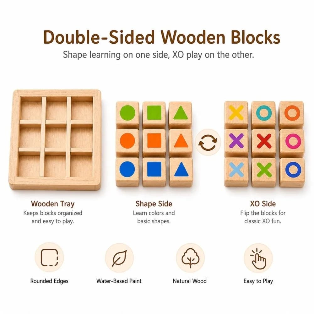 Portable Wooden Tic Tac Toe Wooden Two Player Traditional XO Chess Set Training Handcrafted Finish Parent Unisex Game