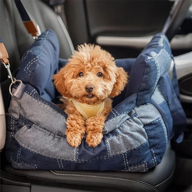 Cuccia da Auto per Cani con Cintura di Sicurezza, Design Vintage in Denim Patchwork, Letto di Lusso per Animali Domestici, 60 50 36 cm