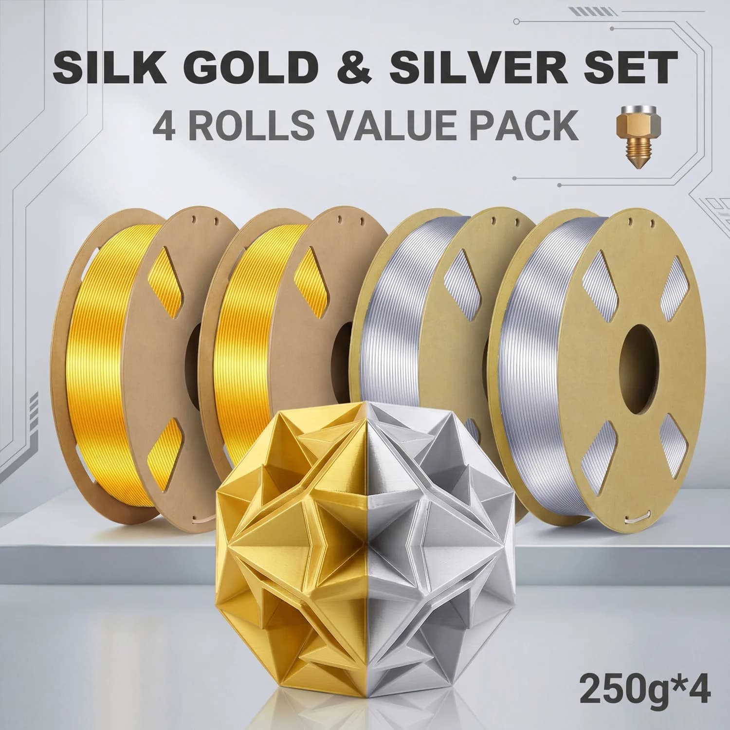 4 Pack Silk Gold PLA Filament 1.75mm 250g Spool +/-0.02mm High Precision 3D Printer Silk PLA 2 Colors