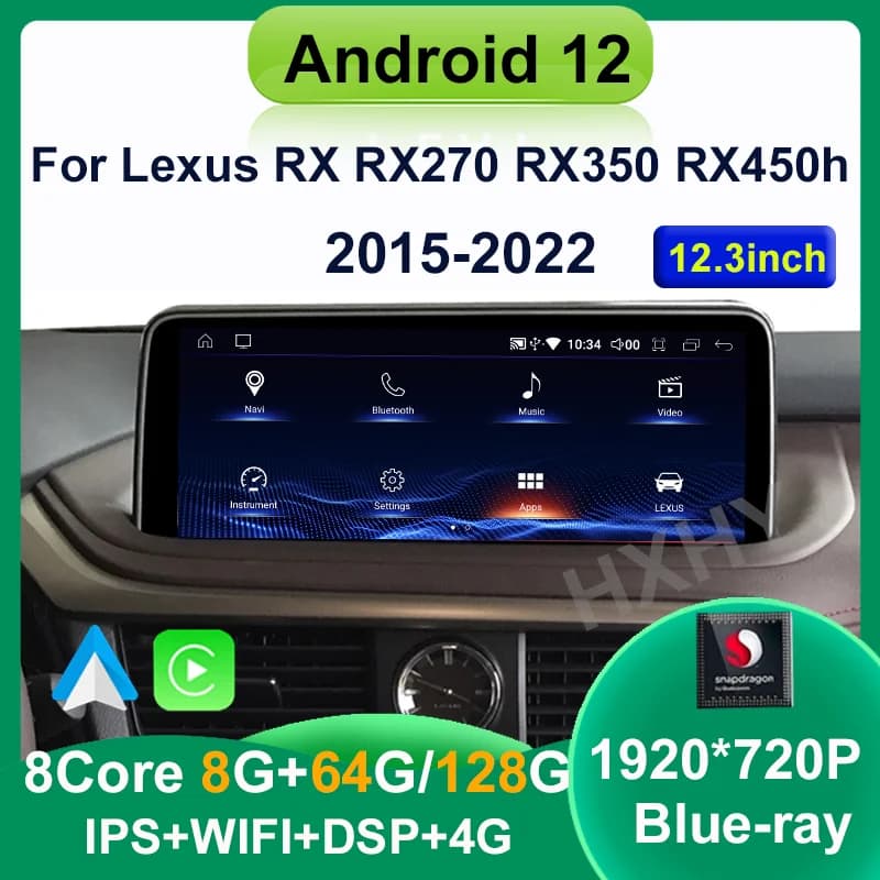 Android 12 Snapdragon 8 + 128G Autoradio Navigazione GPS Lettore multimediale Schermo CarPlay per Lexus RX RX200t Rx300 Rx350 Rx450h
