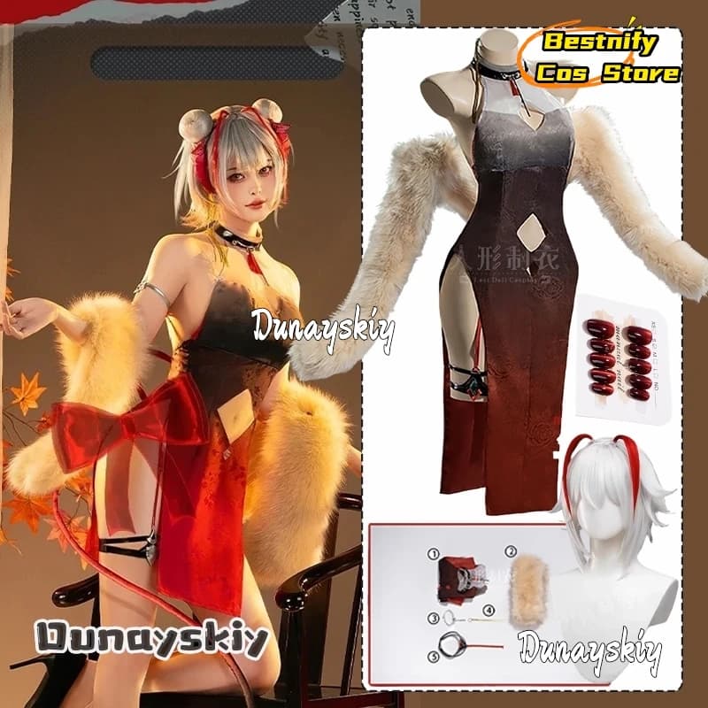 Gioco Arknights W Cosplay Champion Qipao Costume Abito sexy con colletto peloso Set di accessori Travestimento di Halloween per donne adulte