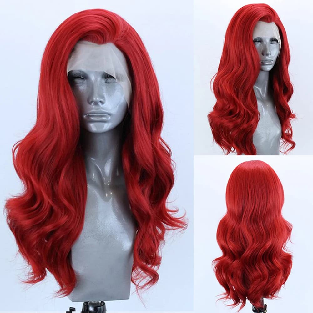 AIMEYA 13x4 Parrucca anteriore in pizzo rosso Onda lunga del corpo Capelli sintetici Glueless Linea sottile naturale Indossare quotidianamente Parrucche Cosplay per le donne Festa