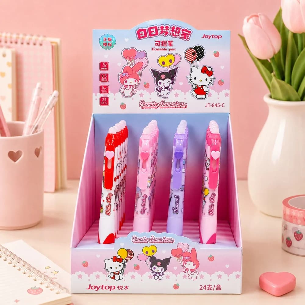 Genuine Hello Kitty Kuromi My Melody Erasable Gel Pen Blue Ink Press Type 0.5mm Cute Stationery for Study Notes Birthday Gifts