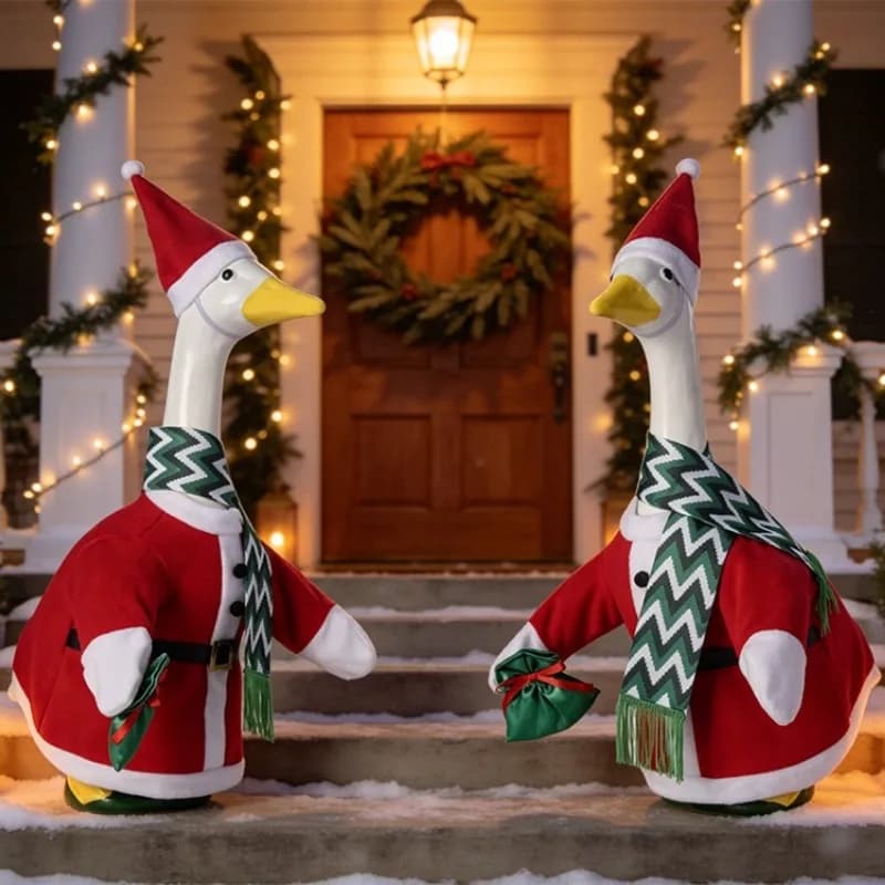 Courtyard Holiday Decoration Christmas Porch Goose Set with Hat and Scarf Santa Claus Costume Big White Goose Decoration