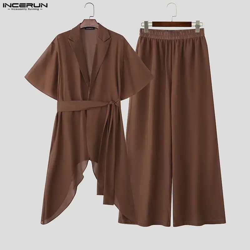 INCERUN Set da uomo tinta unita vedere attraverso risvolto manica corta camicia irregolare e pantaloni 2 pezzi streetwear abiti casual da uomo larghi