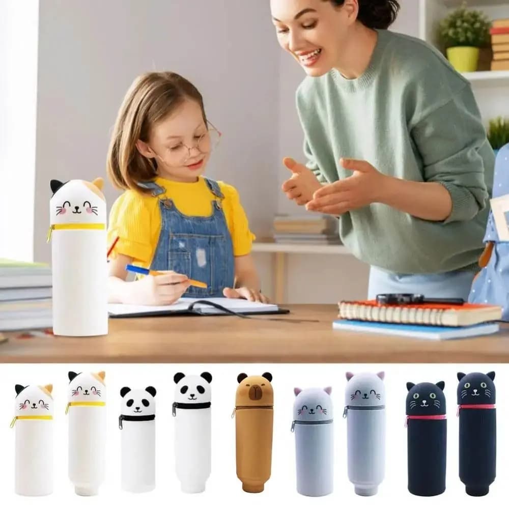 Astuccio per matite in silicone di alta qualità a forma di cartone animato con cerniera, portapenne a forma di animale, borsa multiuso per cancelleria