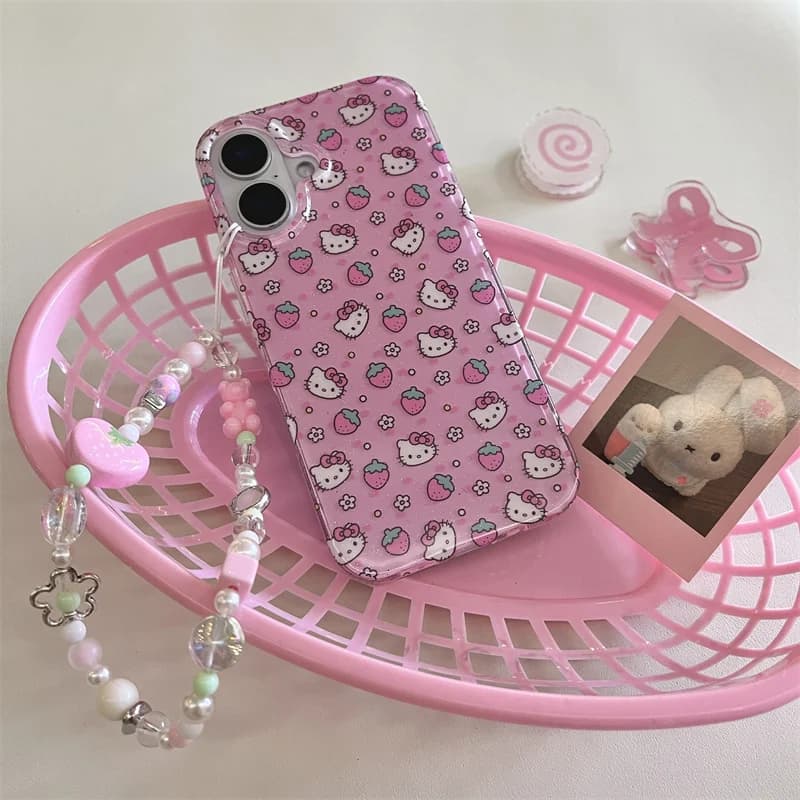Custodia per telefono carino fragola cartone animato Hello Kitty Bling Glitte per iPhone 13 14 15 16Pro Max 3D Flower KT cinturino da polso protegge la copertura