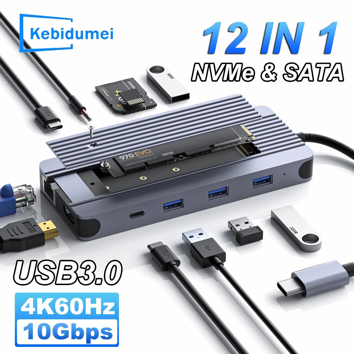 12-IN-1 Hub USB Custodia per disco rigido Docking Statio M.2 NVMe SATA SSD Doppio protocollo Tipo C a HDMI 4K60Hz Adattatore per MacBook Pro