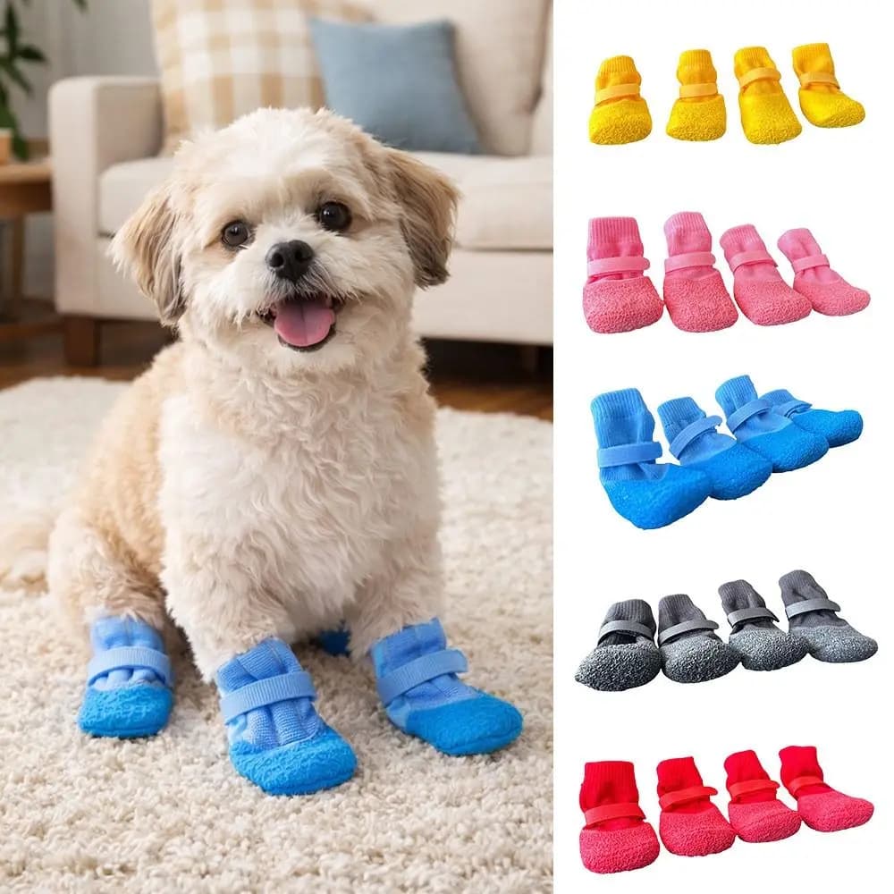 4Pcs/Set Cute Anti-slip Dog Shoes Waterproof Anti-dirty Pet Boots Wear Resistant Adjustable Pet Paw Protector Pet Supplies