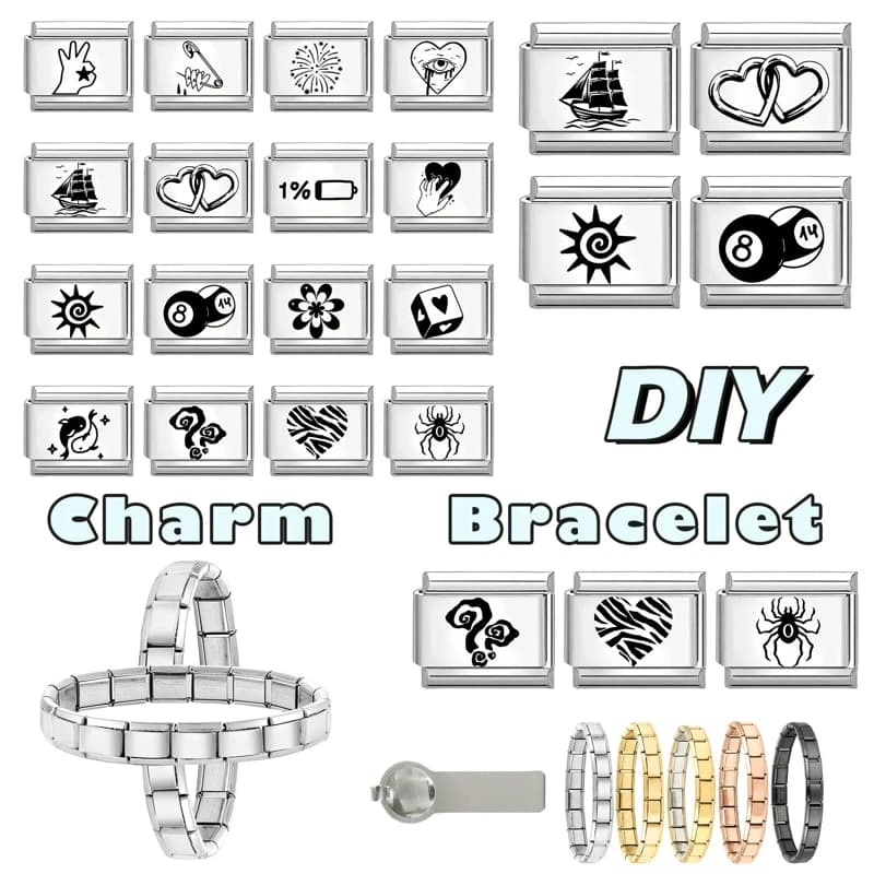 New Black Laser Engraving Sun Tai Chi Star Eye Flower Italian Charm Links Fit 9MM Stainless Steel Bracelet Women DIY Making Gift