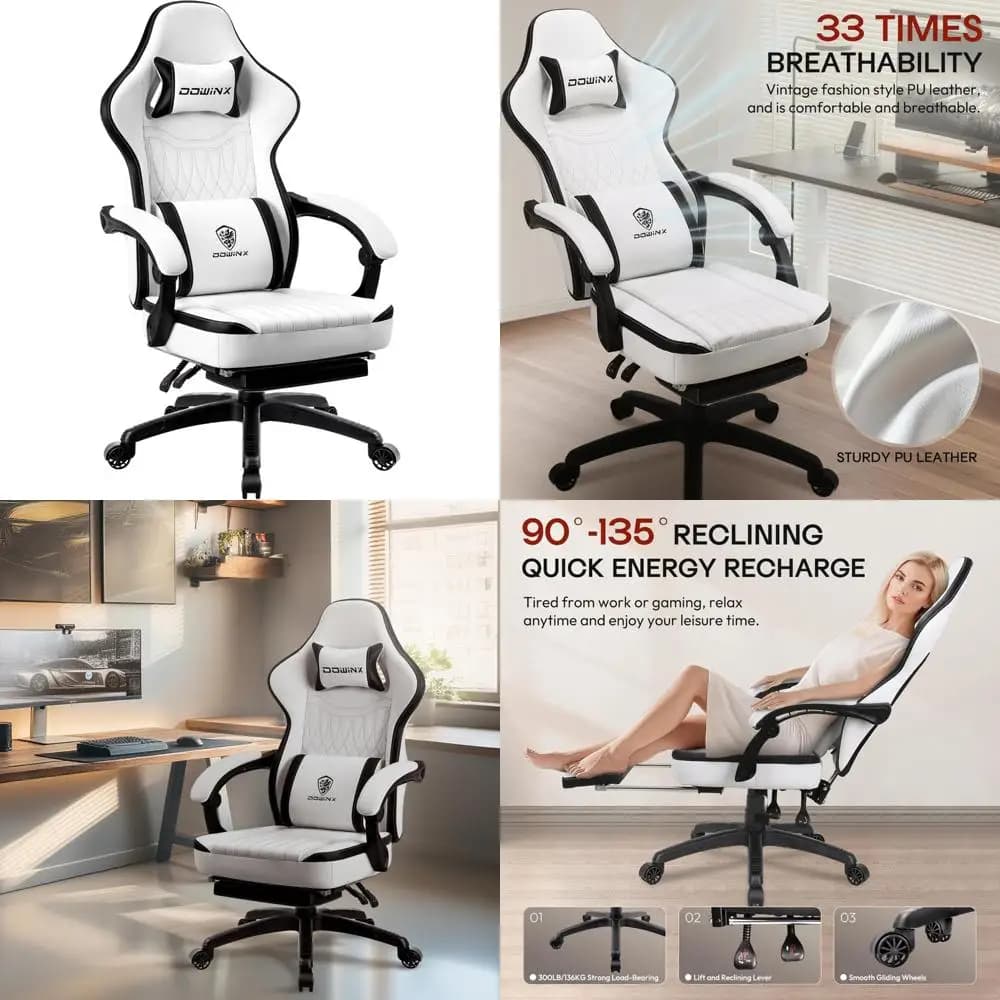 Sedia da gioco ergonomica e traspirante in pelle PU con poggiapiedi, supporto lombare per massaggi per grandi e alti, comfort reclinabile per i giocatori