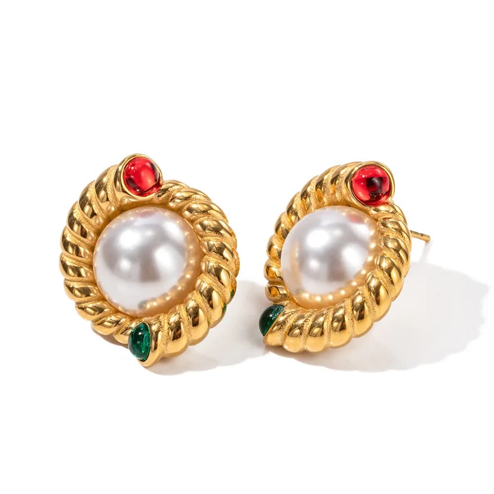 Orecchini a bottone con perle di pietra colorata impermeabile in acciaio inossidabile PVD placcato oro 18 carati per gioielli da donna all'ingrosso alla moda