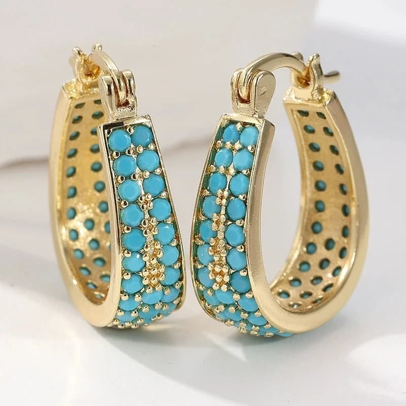 Luxury Synthetic Blue Turquoise Hoop Earrings For Women Gold Color Boho U Shaped Ear Buckle Wedding Jewelry Party Birthday Gifts