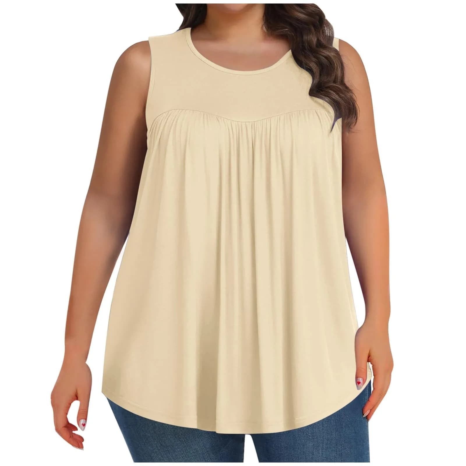 T-shirt casual senza maniche taglie forti top moda donna tinta unita girocollo davanti p[gilet plissettato Canotta estiva ampia