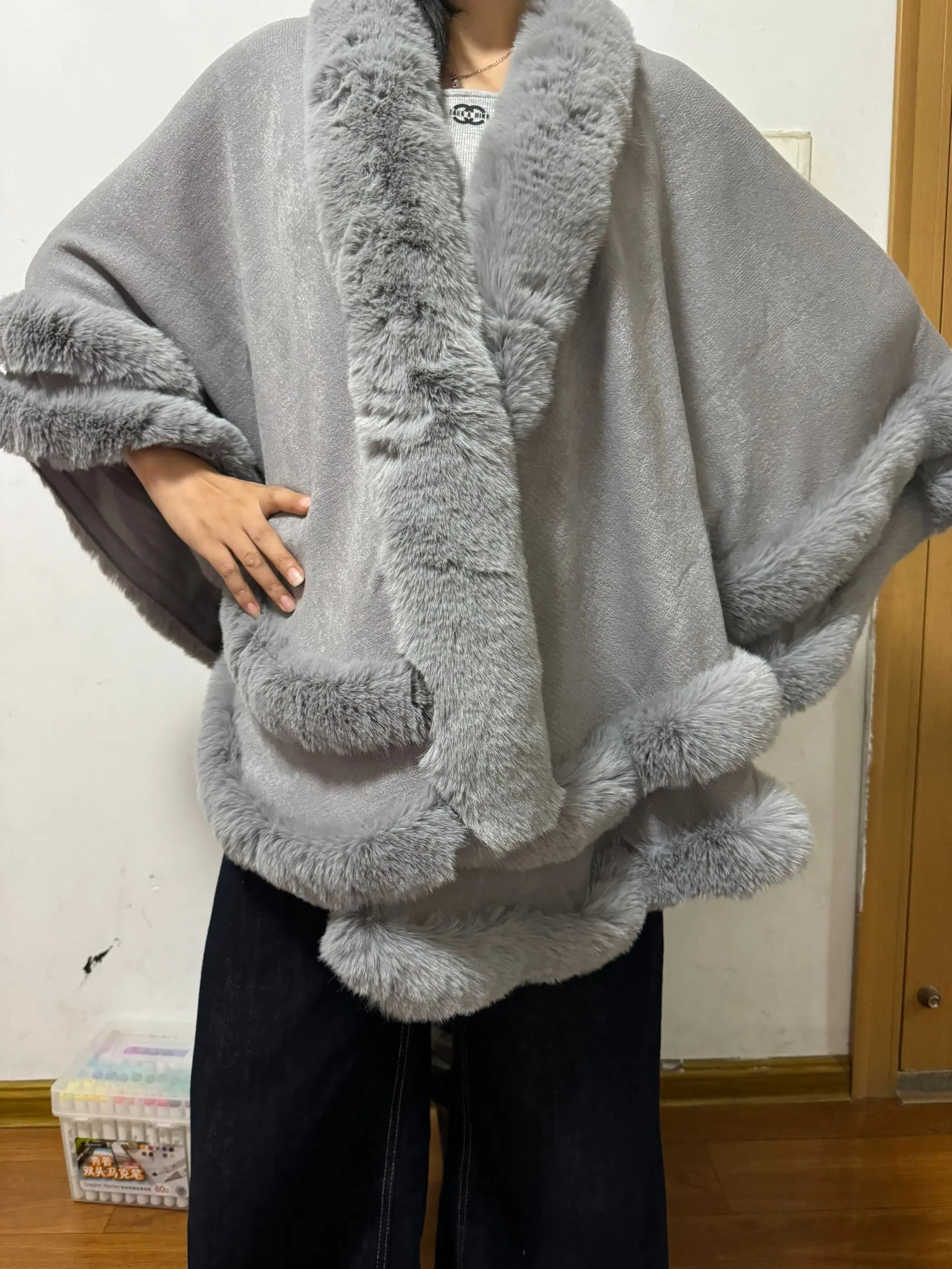 Campione invernale 2 cerchi collo in pelliccia sintetica grande scialle a pendolo mantello allentato donna spessa calda imitazione cashmere poncho lavorato a maglia mantelle