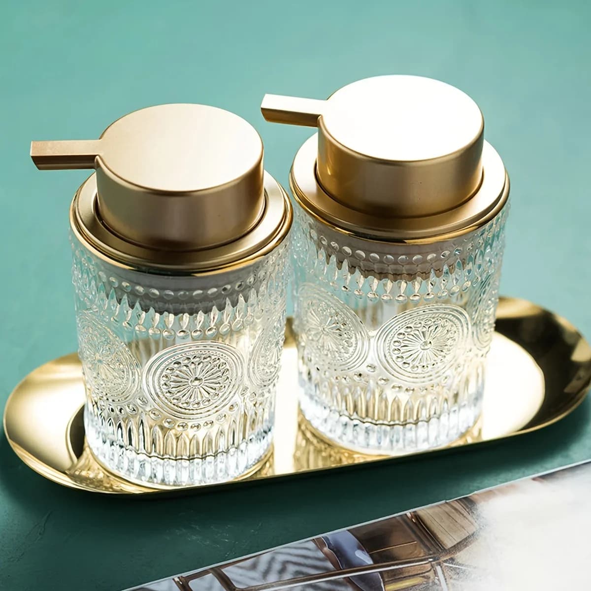 1pc Dispenser di sapone in schiuma di vetro goffrato con pompa dorata rustica Contenitori di sapone per le mani in schiuma riutilizzabili per l'arredamento della cucina del bagno