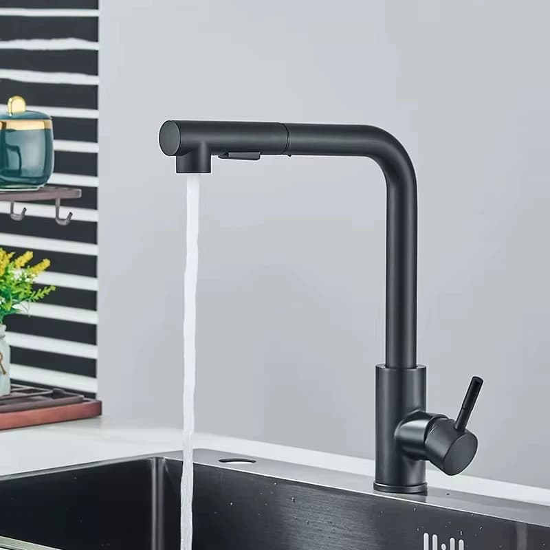 Rubinetto da cucina Beccuccio estraibile monoforo Rubinetto miscelatore lavello da cucina Testa di spruzzo a flusso Rubinetto miscelatore nero