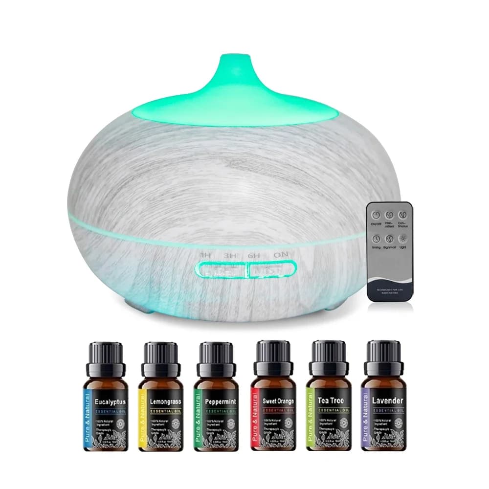 Diffusore di Oli Essenziali Effetto Legno 550ml, Umidificatore per Grandi Ambienti, Aromaterapia con 6 Oli, LED a 7 Colori Cangianti, Spegnimento Automatico, Silenzioso
