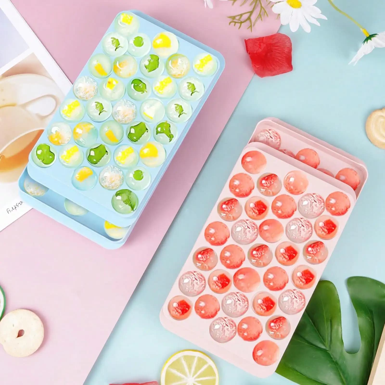 Stampo per Sfere di Ghiaccio Facili da Rilasciare con Contenitore, Strumento da Cucina Rosa per Raffreddare Sfere di Ghiaccio