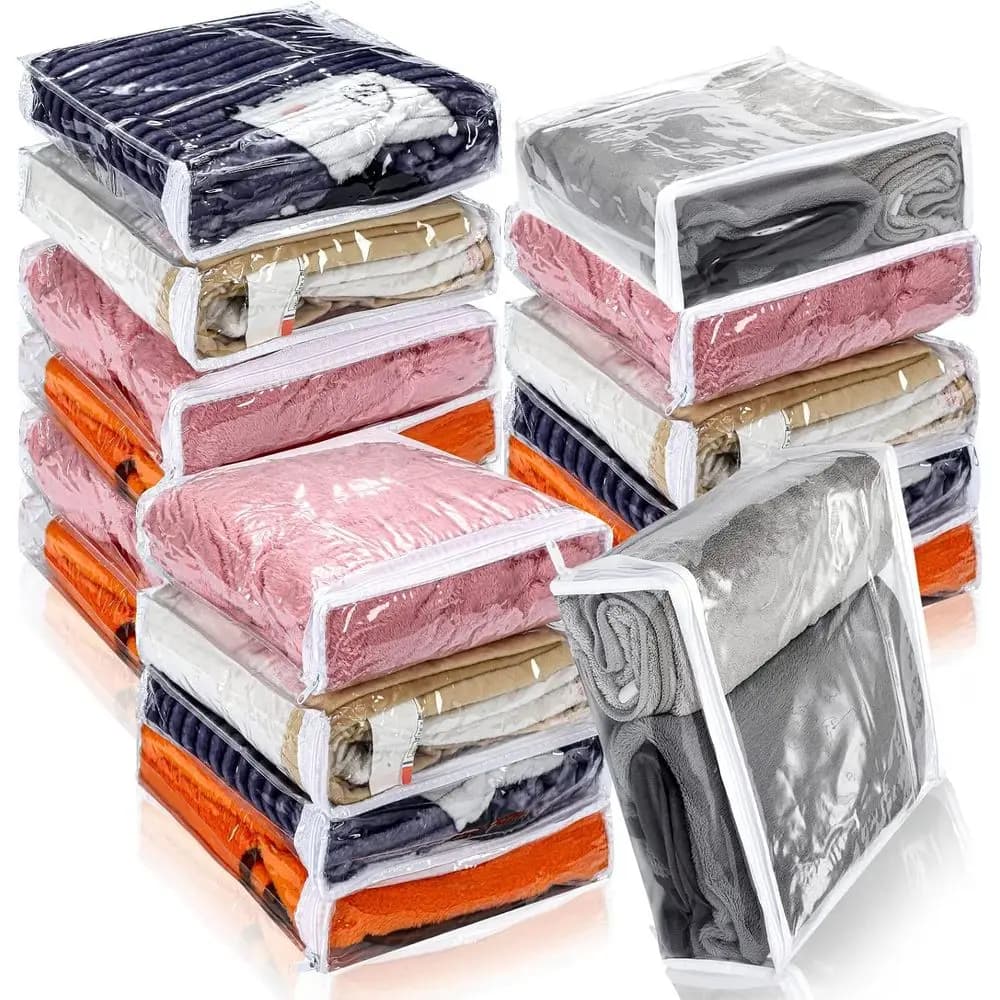 16 transparent bags with zipper, plastic bags for sweaters, 12 x 12 x 4 inch organizer for clothes, blankets, sheets, bed linen