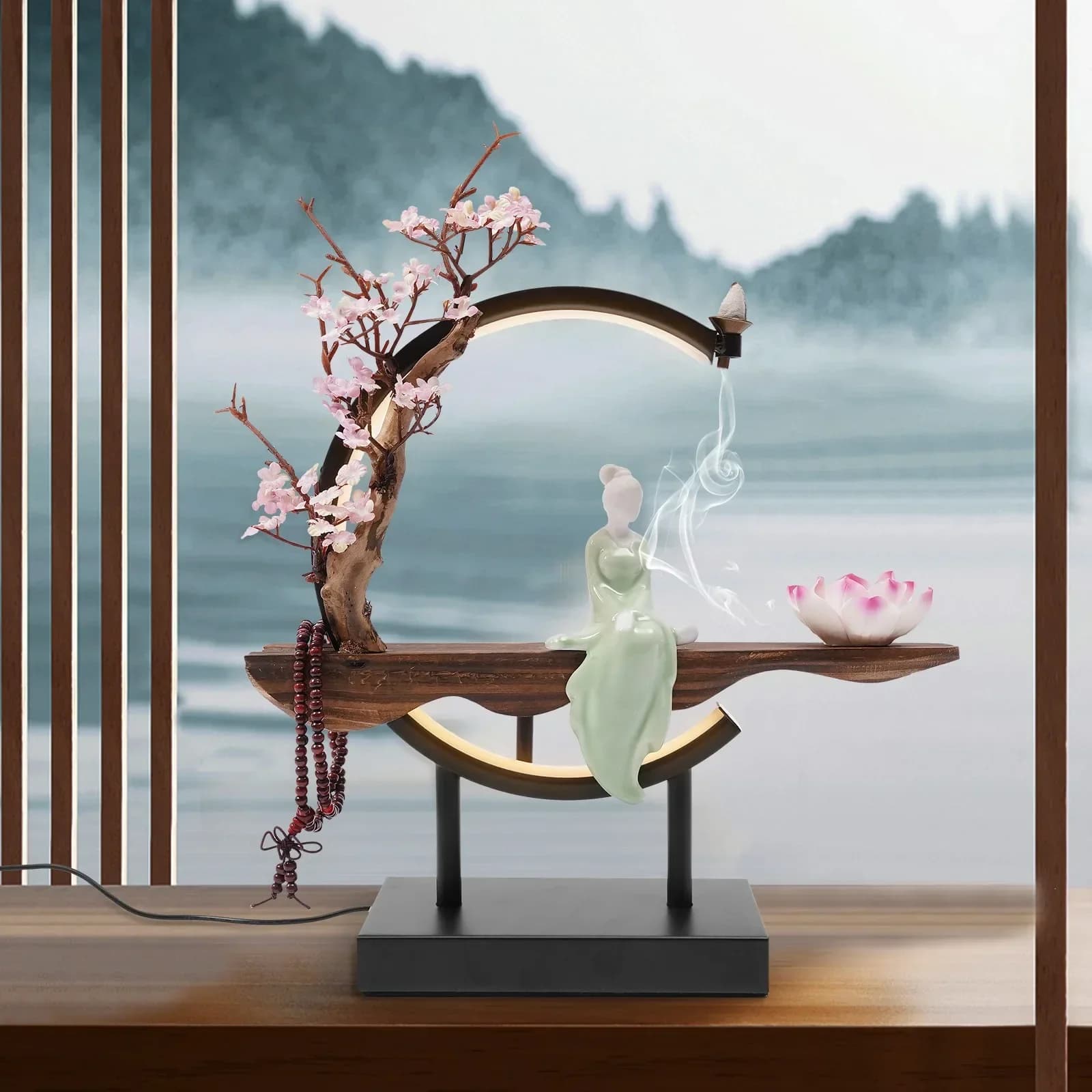 Bruciatore di incenso a flusso inverso a LED con cascata floreale in fiore e fumo, decorazioni creative per la casa, diffusore di aromaterapia per il relax