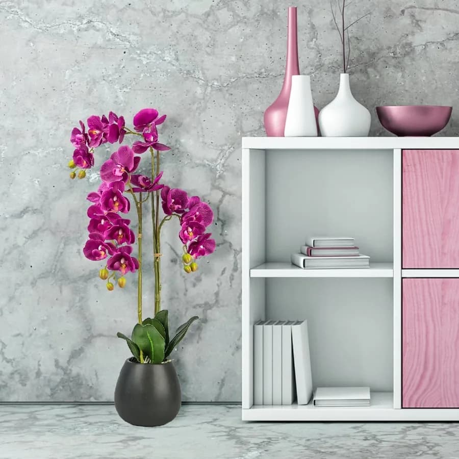 Artificial Flower 32in Fuchsia Orchid Flower in Decorated Embossed Black Ceramic Pot Fake Faux Indoor Plant for Home Decor